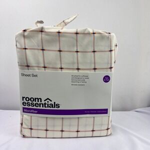 Room Essentials Twin XL Twin  Sheet Set Cream Windowpane Plaid Blue Orange